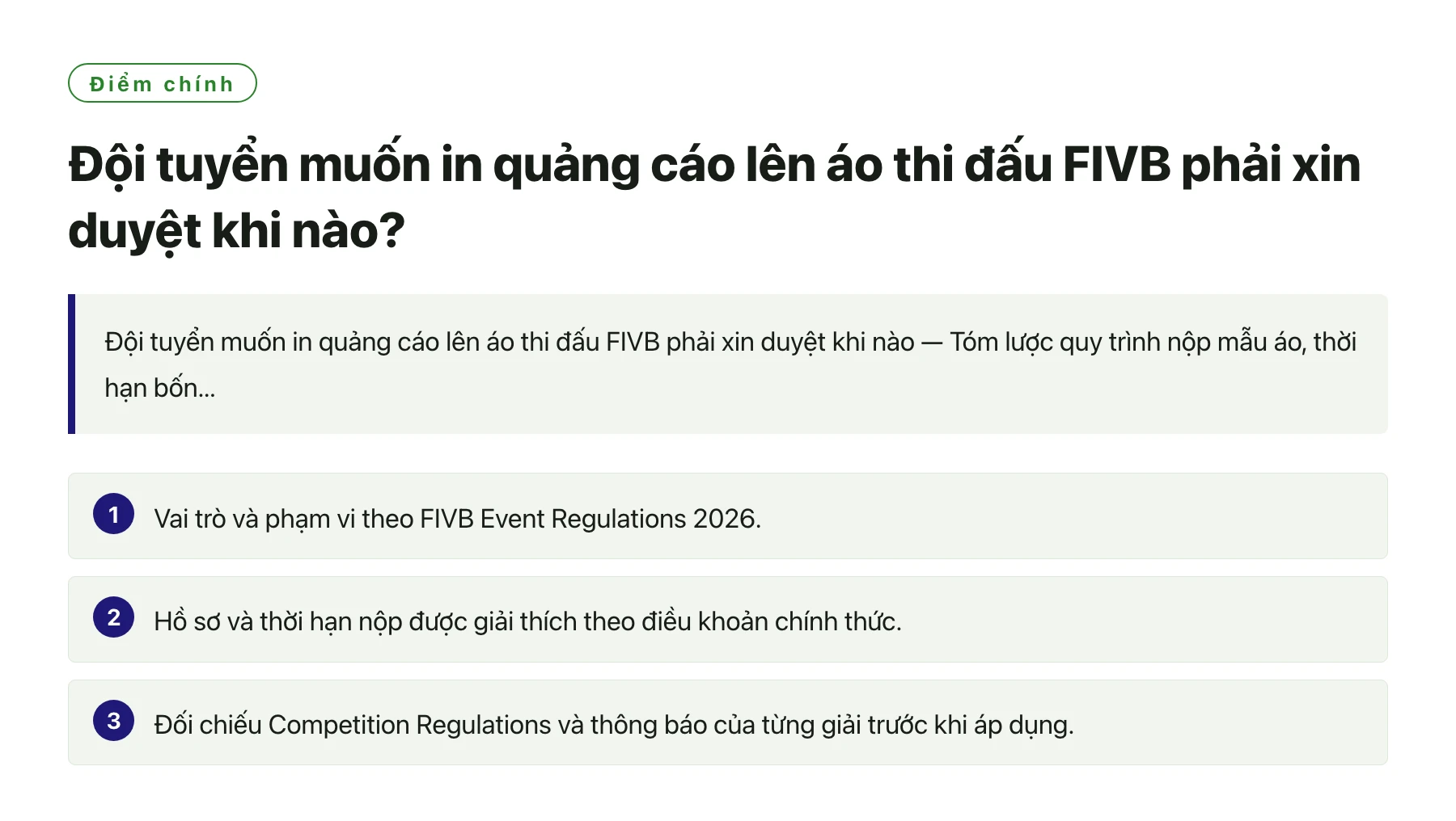 Đội tuyển muốn in quảng cáo lên áo thi đấu FIVB phải xin duyệt khi nào?——全文要点速览
