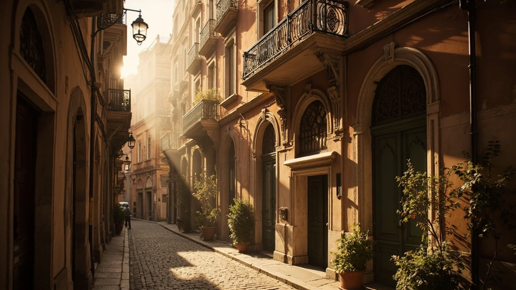 Quiet morning light on a cobbled lane inside the Quartiere Coppedè, Rome