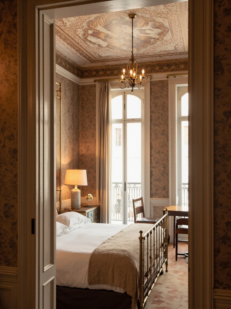 Restored frescoed ceiling above a brass bed in Room III