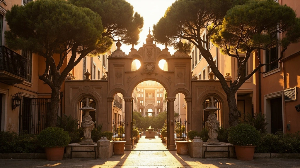 The fairy-tale Art Nouveau gateway of Quartiere Coppedè at golden hour