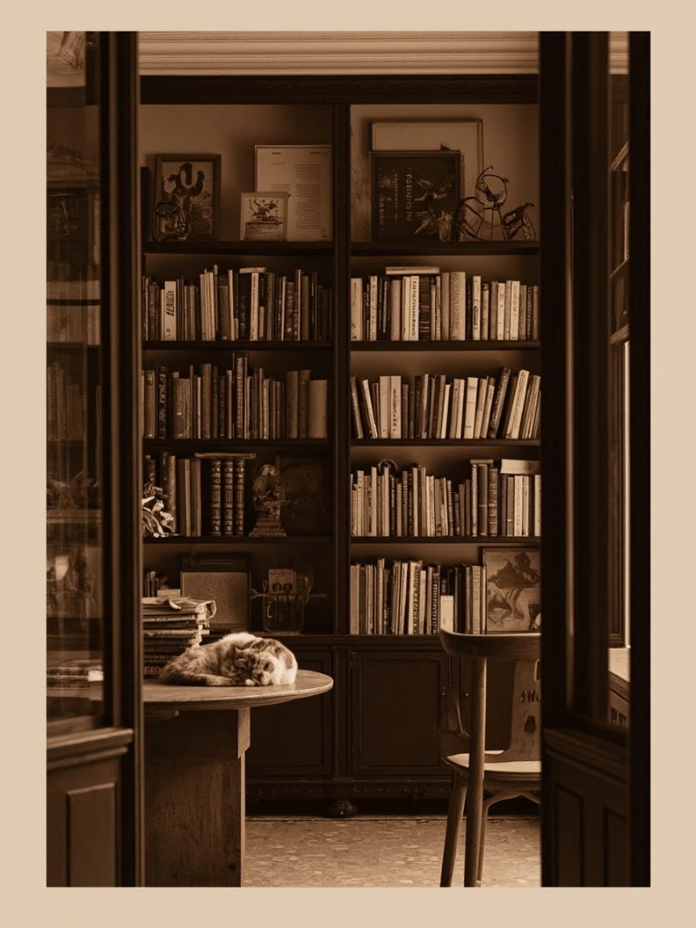 A quiet bookshop with warm tungsten light