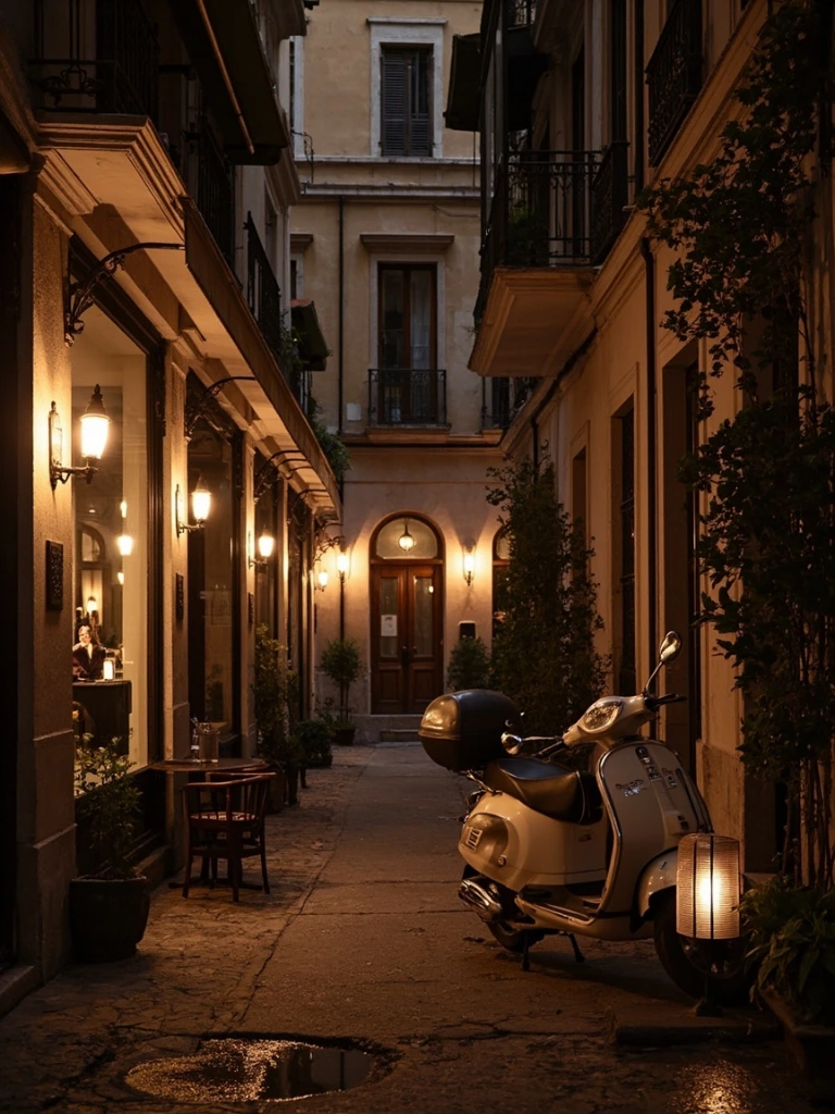 A lantern-lit side street in Rome's Trieste quarter at dusk